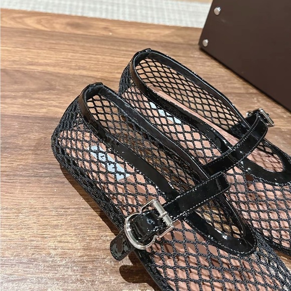 Alaia Black Mesh Mary Jane Flats with Patent Strap - Picture 2 of 7